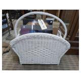 WHITE WICKER MAGAZINE RACK AND CONTENTS INCLUDING VINTAGE STAR TREK CALENDARS, KENNY ROGERS BOOK, AND MORE