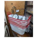 SIX UNUSED ENAMELED METAL OVAL BUCKETS AND ROOSTER MOTIF CLOCK