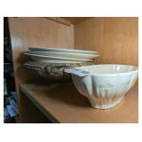 HAGER GLAZED POTTERY CONSOLE BOWL, HISTORIC YORK SOUVENIR PLATES, AND POTTERY FRUIT BOWL