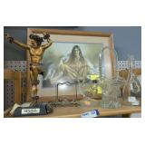 FRAMED, SIGNED, AND MATTED NATIVE AMERICAN PORTRAIT ART, CRYSTAL BASKET, FORMAL GLASS DOUBLE UNIT CANDLESTICK, AND MORE ON TOP SHELF MARKED 1645