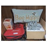 CONTENTS OF BOTTOM SHELF MARKED 1311 INCLUDING BUDWEISER SOFT SIDE COOLER, VINTAGE RONCO GLASS FROSTER IN  ORIGINAL BOX, BEE HAPPY PILLOW, DECORATIVE CORAL, AND OLD WROUGHT IRON NAPKIN HOLDER