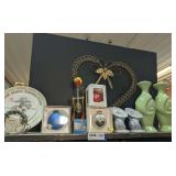 VINTAGE DRINKING HAPPY BIRD WITH ORIGINAL BOX, MILLEDGEVILLE CHRISTMAS ORNAMENTS, AND POTTERY INCLUDING GONDER USA POTTERY CANDLE HOLDERS