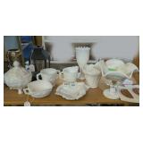 VINTAGE MILK GLASS AND MORE ON SHELF MARKED 1577