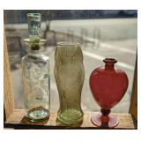 VINTAGE GLASS AND DECANTER IN SHELF AREA MARKED 1008