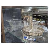 DECORATIVE FORMAL GLASS SERVING PIECES, SNOWMAN MASON JAR, OLD PERFUME TRAY, AND MORE IN UPPER SHELF AREA MARKED 1682