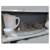 FORMAL GLASS SERVING PIECES, LARGE MILK GLASS PITCHER, AND MORE ON SHELF MARKED 1523