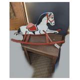 OLD HANDMADE ROCKING HORSE AND VINTAGE END TABLE