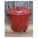 GIANT STOCK POT WITH SPIGOT AND CONTENTS INCLUDING DECORATIVE PRIMITIVE WOOD BOWLS