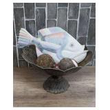 LARGE VINTAGE DECORATIVE METAL COMPOTE STYLE FOOTED FRUIT BOWL WITH DECORATIVE ORBS AND FISH DECOR