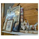 ALL ITEMS IN UPPER SHELF AREA MARKED 1388 INCLUDING LARGE OLD HAND-PAINTED GERMAN PORCELAIN COACH FIGURINE, EMMETT KELLY ART, CIRCUS POSTERS, AND MORE