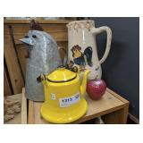 LARGE CHICKEN MOTIF PITCHERS, ENAMELED TEAPOT MADE IN JAPAN, AND DECORATIVE MARBLE APPLE