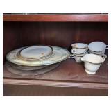 VINTAGE CHINA AND GLASS SERVING PIECES ON BOTTOM SHELF MARKED 1323
