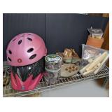 ALL ITEMS IN SHELF AREA MARKED 1418 INCLUDING CHILD SIZE BICYCLE HELMETS, CAMOUFLAGE DUCK TAPE, MATOR ALARM CLOCK, CHIP CLIPS, AND MORE