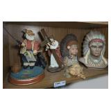 MUSICAL SANTA, JESUS WITH CROSS, NATIVE AMERICAN BUST FIGURES, AND MORE ON CHEF MARKED 1385