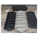 THREE OLD CAST IRON AND ALUMINUM CORN STICK MUFFIN PANS INCLUDING OLD GRISWOLD, WAGNER WARE, AND UNSIGNED