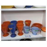 GLASS RAINBOW FOOTED TUMBLERS, CREAM AND PITCHER, OLD PASTRY CUTTERS, AND MORE ON SHELF MARKED 1614
