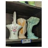 WESTMORELAND MILK GLASS BASKET, VINTAGE NELSON MCCOY HAND MOTIF VASE, AND POTTERY WHEAT MOTIF VASE
