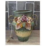 VINTAGE POTTERY VASE WITH METAL DECOR AND HANDLES