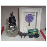 CAST IRON DECORATIVE SMALLS INCLUDING POTBELLY STOVE AND HORSE / WAGON,  DECORATIVE SHADOW BOX AND BLOWN GLASS FIGURINE STAND