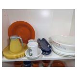 FIRE KING CASSEROLE DISH, WESTMORELAND MILK GLASS PLATES, AND MORE ON SHELF MARKED 1613