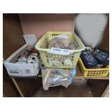 BELT BUCKLES, SEASHELLS, ANTIQUE HAIR BARRETTES, BISQUE PORCELAIN NATIVITY SET, AND MORE ON SHELF MARKED 1482