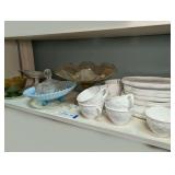 DEPRESSION GLASS STYLE SERVING PIECES AND OLD MILK GLASS LUNCHEON PLATES WITH CUPS ON SHELF MARKED 1510