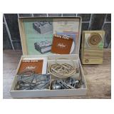 MID-CENTURY MOTOROLA PORTABLE RADIO AND STEREO RECORDING TAPE RECORDER ACCESSORIES IN ORIGINAL BOX