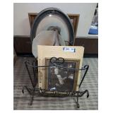 ANTIQUE BUBBLE GLASS PORTRAIT, PAIR OF VINTAGE METAL MAGAZINE RACKS, ANTIQUE CEILING LIGHT GLOBES, SCRAPBOOK OF OLD PHOTOGRAPHS, AND MORE IN FLOOR AREA MARKED 1681