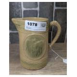 ANTIQUE A.E. HULL YELLOW WARE SALT-GLAZED STONEWARE "GRAZING COWS" PITCHER