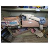 VINTAGE FLINTSTONE SHOOTING GALLERY GAME, VINTAGE PUZZLES, TEDDY TOMPKINS DOLLS, AND MORE ON TWO BOTTOM SHELVES MARKED 1371