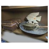 OLD BRASS SILENT BUTLER, STAMPED ALUMINUM CAROUSEL SERVER, AND MORE ON SHELF MARKED 1475