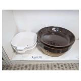 CORNING WARE CASSEROLE DISHES AND OLD LARGE POTTERY MIXING BOWL WITH NESTING BOWL