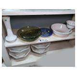 MILK GLASS VASE, CHIP AND DIP SET, VINTAGE GERMAN CHRISTMAS PLATE, GREEN GLASS SERVING BOWLS, AND FOUR LARGE VINTAGE MILK GLASS FOOTED FRUIT BOWLS