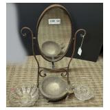 OLD METAL FRAME DRESSER TOP TILTING MIRROR PLUS FORMAL GLASS AND MEXICAN VOLCANIC ROCK GUACAMOLE MAKING BOWL