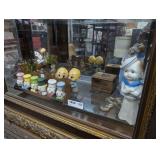 VINTAGE SHAKERS, PORCELAIN FIGURINES, AND MORE ON BOTTOM SHELF MARKED 1250