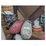 PAIR OF LARGE HAND CARVED DUTCH STYLE SHOES, OLD WIRE FRAME FOOTED BASKET, AND MORE IN UPPER SHELF AREA MARKED 1193