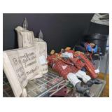 ALL ITEMS IN SHELF SECTION MARKED 1458 INCLUDING GLAZED CERAMIC INSPIRATIONAL ELECTRIC CANDLES, FLUTE RECORDER, PRIMITIVE SCARECROW DOLLS, CEREMONIAL MASONIC HATS, NASCAR RACING GOLDEN ERA OF NASCAR D