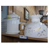 ANTIQUE HAND-PAINTED GLASS LIGHT SHADE, HAND CARVED WOODEN PEN/PENCIL HOLDER, AND PORCELAIN KITCHEN COMPOST CROCK