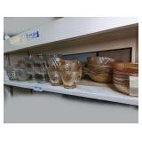 DEPRESSION GLASS STYLE MUGS AND SERVING PIECES ON SHELF MARKED 1507