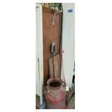 ALL ITEMS IN BESIDE SHELF AREA MARKED 1125 INCLUDING LARGE OLD METAL MILK CAN, ANTIQUE CAST IRON BODY FOOTSTOOL, PAIR OF SHEPHERD