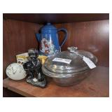 CONTENTS OF SHELF SECTION MARKED 1310 INCLUDING BASEBALL CATCHER FIGURINE, FORMAL GLASS SERVING BOWL WITH LID, LOONEY TUNES ENAMELED TEAPOT, AND MORE