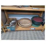 OLD UNIVERSAL CHOPPER WITH ORIGINAL BOX, HANDMADE WOODEN BOWLS, AND TUPPERWARE ON BOTTOM SHELF MARKED 1648