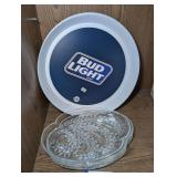 VINTAGE GLASS LUNCHEON PLATES AND BUD LIGHT/BUDWEISER SERVING TRAYS