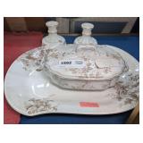 VINTAGE FINE PORCELAIN COVERED DISH AND PLATTER PLUS OLD WESTMORELAND MILK GLASS CANDLESTICKS