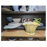 ALL POTTERY AND MORE ON SHELF MARKED 1545 INCLUDING MCCOY, WELLER, BRUSH MCCOY, AND MORE