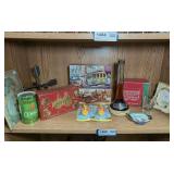 CAST IRON WEATHERVANE DECOR, VINTAGE COLLECTIBLE AVON BOTTLES IN ORIGINAL BOXES, AND MORE ON SHELF MARKED 1465