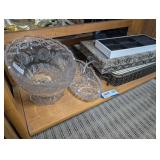 FORMAL GLASS SERVING PIECES, JEWELRY / RING BOXES, AND MORE ON BOTTOM SHELF MARKED 1673