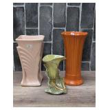 THREE POTTERY VASES INCLUDING KASS USA, FIESTA, AND MCCOY
