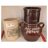 OLD R. M. HUGHES & CO. MONOGRAM FRUIT VINEGAR PROMOTIONAL PITCHER, ANTIQUE GLAZED POTTERY CROCK JAR, AND HALL POTTERY USA BLEU CHEESE DRESSING DOUBLE HANDLE POT