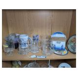 VINTAGE GLAZED POTTERY SALT BOX MADE IN GERMANY, TALL SAILING SHIP MOTIF GLASS MUGS, HAND-PAINTED DELFT BLUE STEIN, AND MORE ON SHELF MARKED 1666